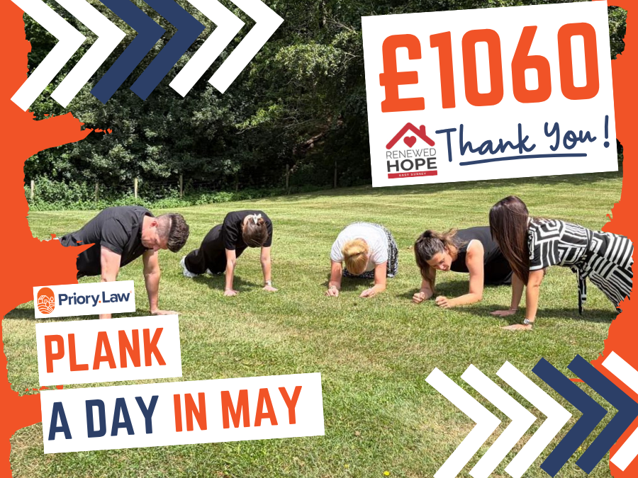 Priory Law Raises £1,060 for Renewed Hope Through Plank a Day in May
