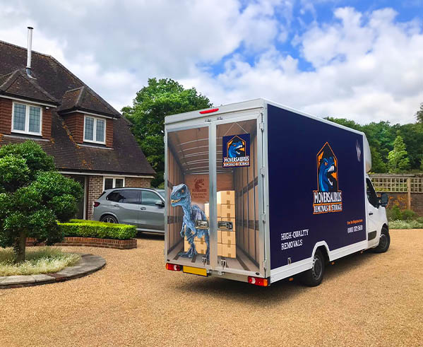 Moversaurus team loading boxes into a removals van on moving day